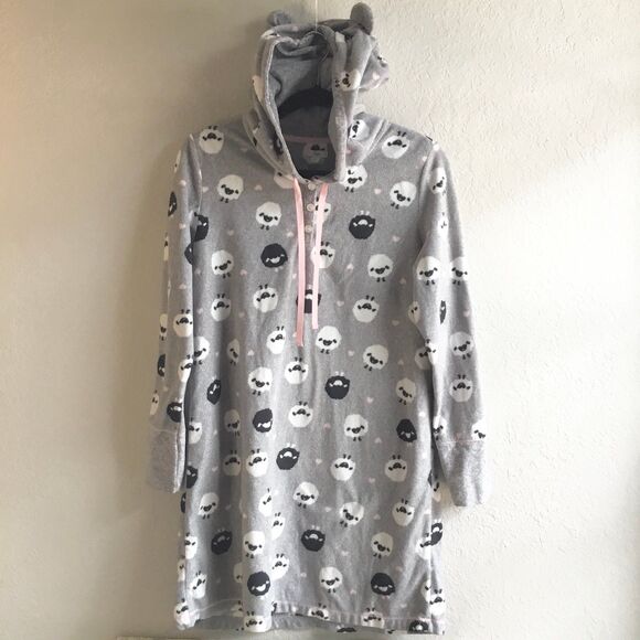 Hooded with ears fleecey pullover pj sheep pattern all over long nightshirt M - Picture 1 of 8